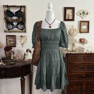 fairy dainty green milkmaid babydoll dress w puff sleeves